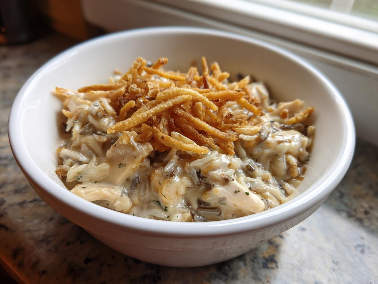 A white bowl filled with creamy garlic chicken wild rice casserole topped with crispy fried onions.