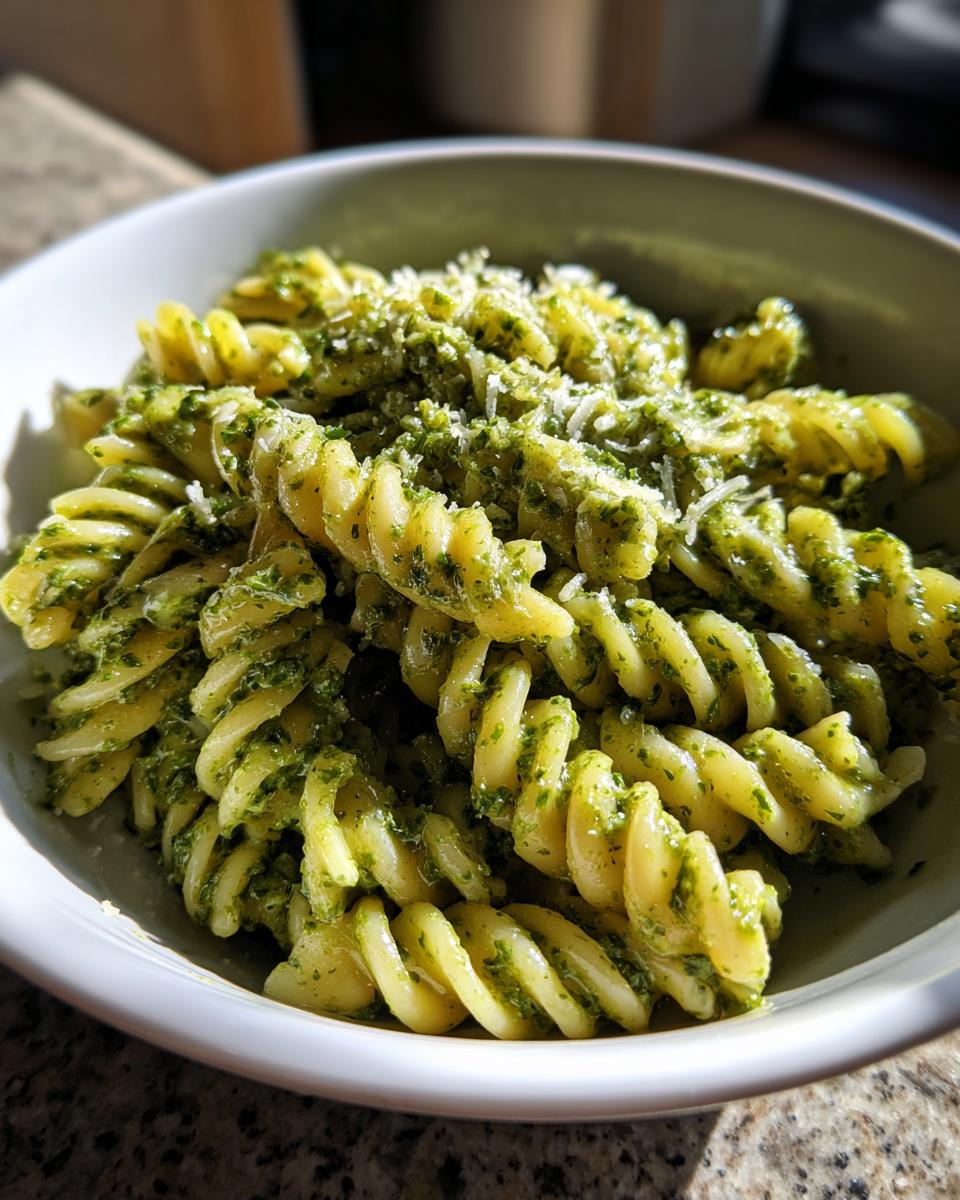 A close-up of creamy pesto pasta made with fusilli noodles, topped with grated cheese.