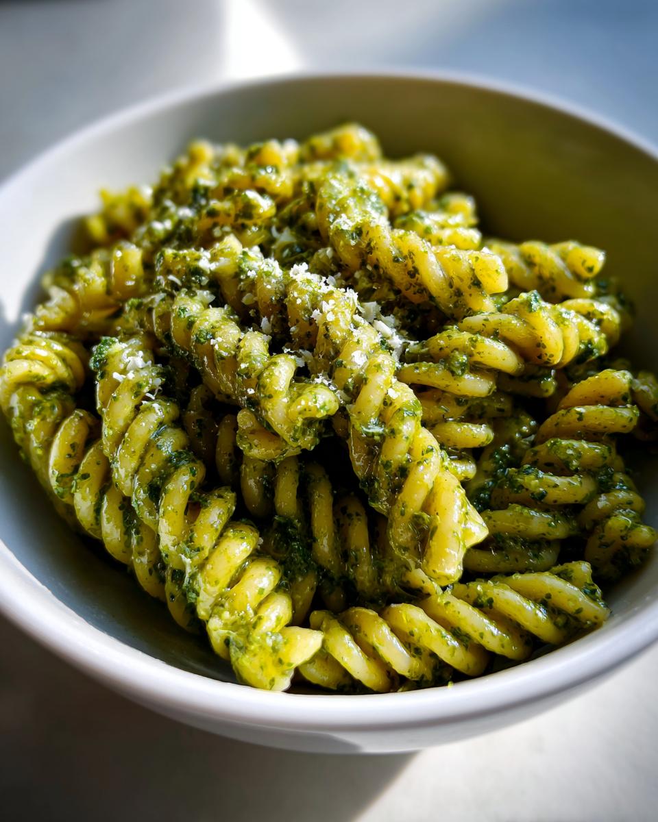A close-up of fusilli pasta coated in vibrant green creamy pesto pasta, topped with grated cheese.
