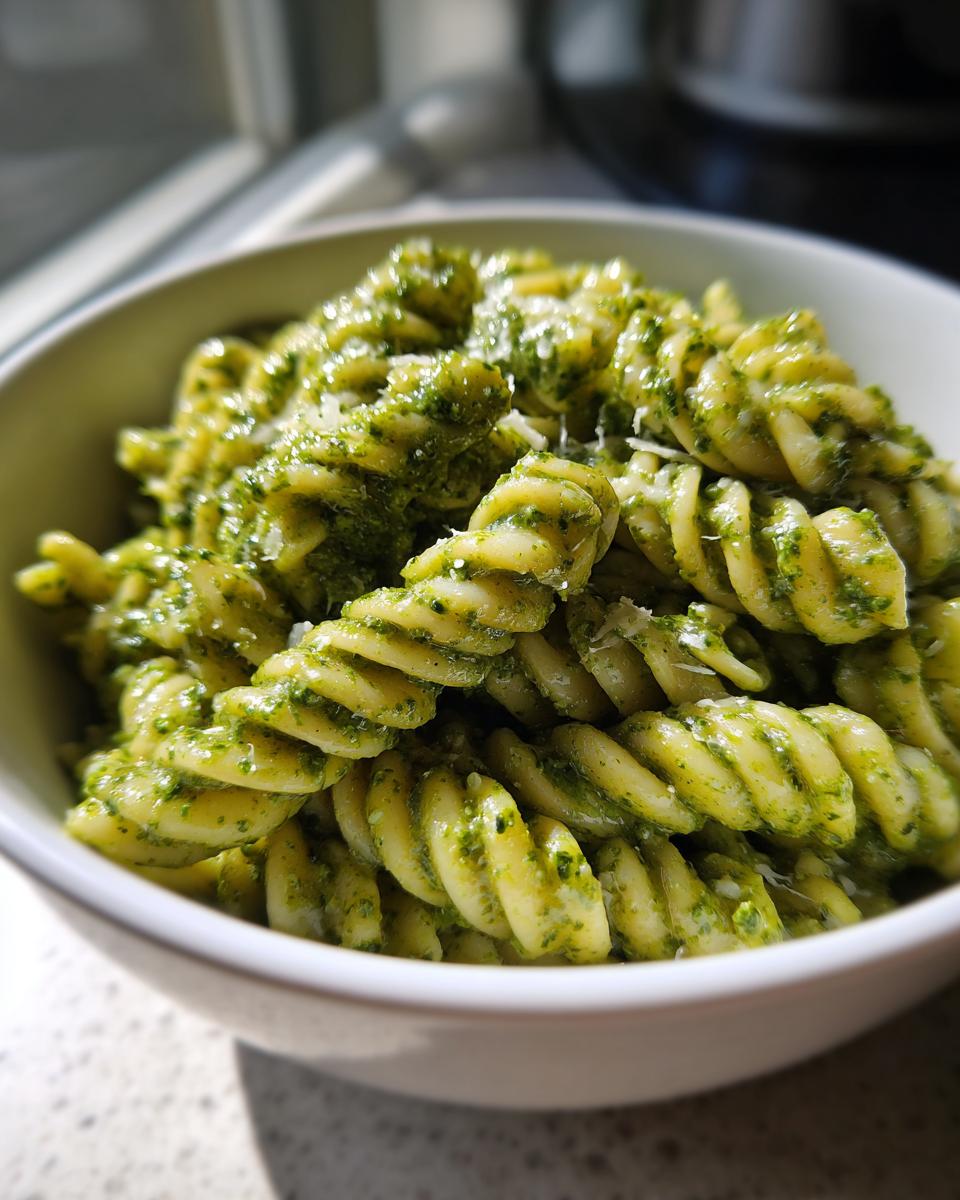 Close-up of creamy pesto pasta made with fusilli, coated in bright green pesto and topped with grated cheese.