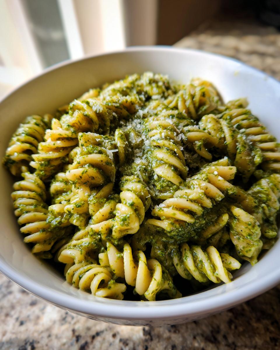 A close-up of a white bowl filled with creamy pesto pasta using fusilli noodles, topped with grated cheese.