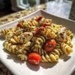 Close-up of creamy pesto pasta salad featuring fusilli, chicken chunks, sun-dried tomatoes, and cherry tomatoes on a white plate.
