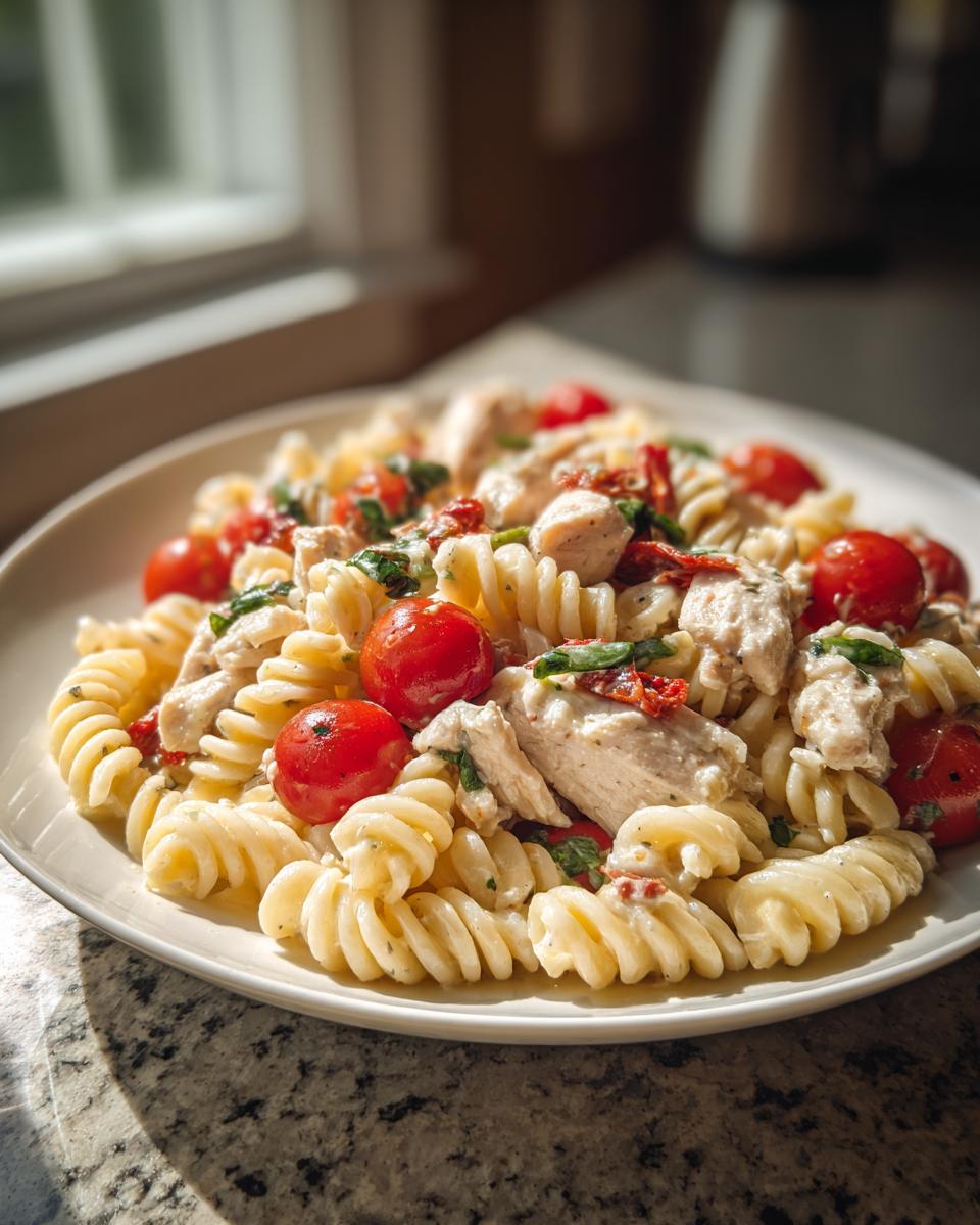 A close-up of creamy pesto pasta salad featuring fusilli, chunks of chicken, bright cherry tomatoes, and sun-dried tomatoes.