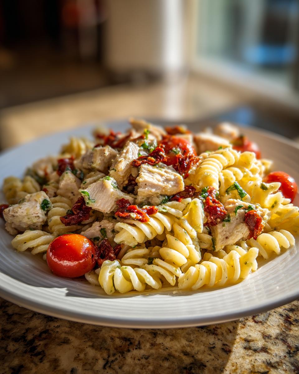 Close-up of a serving of creamy pesto pasta salad featuring fusilli pasta, chunks of chicken, sun-dried tomatoes, and cherry tomatoes.