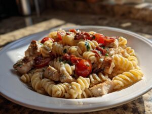 A close-up of creamy pesto pasta salad featuring fusilli, grilled chicken chunks, cherry tomatoes, and sun-dried tomatoes.