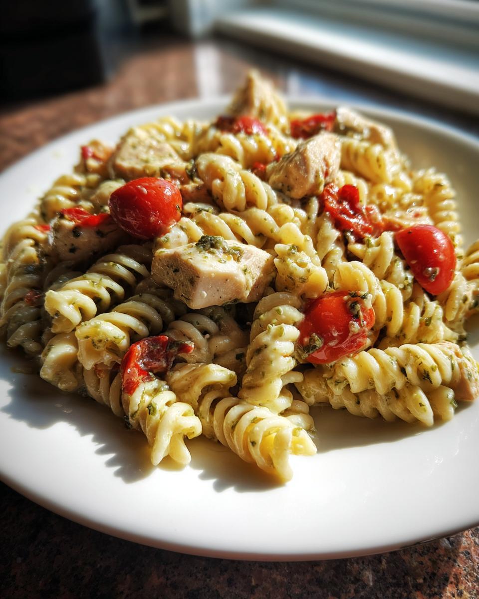 Close-up of creamy pesto pasta salad featuring fusilli pasta, chicken chunks, and bright red cherry tomatoes on a white plate.