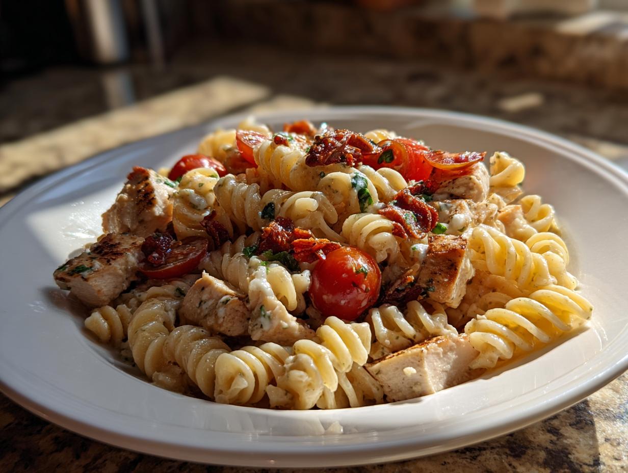A close-up of creamy pesto pasta salad featuring fusilli, grilled chicken chunks, cherry tomatoes, and sun-dried tomatoes.