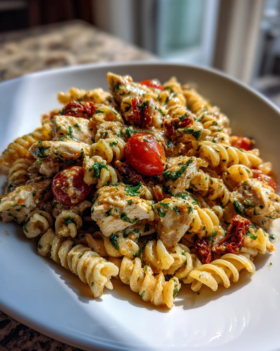 Close-up of creamy pesto pasta salad featuring fusilli, chicken chunks, cherry tomatoes, and sun-dried tomatoes.