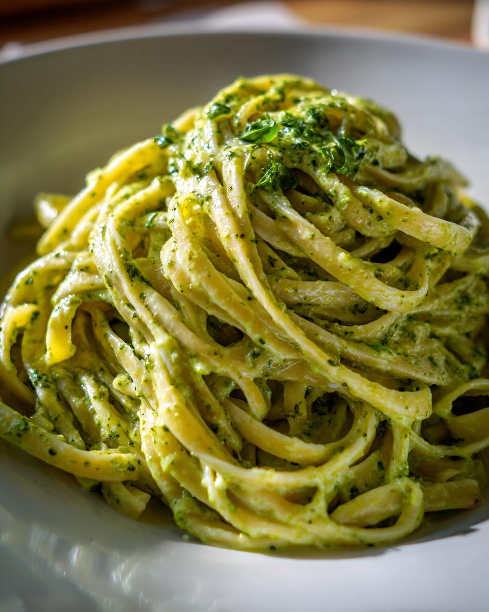 A close-up shot of fettuccine noodles coated richly in a vibrant creamy pesto pasta sauce, garnished with fresh herbs.
