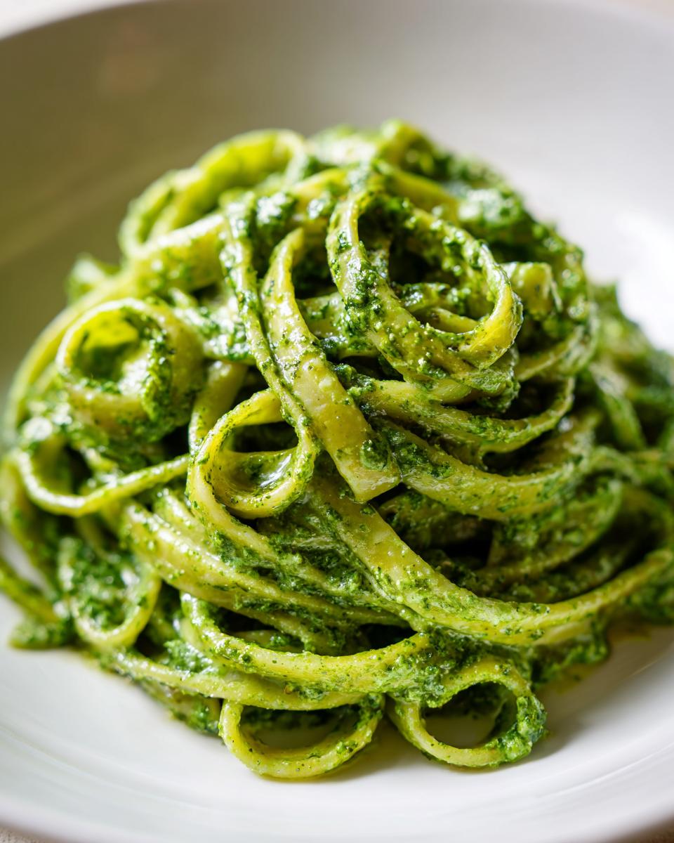 Close-up of fettuccine pasta coated generously in vibrant green creamy pesto pasta sauce.