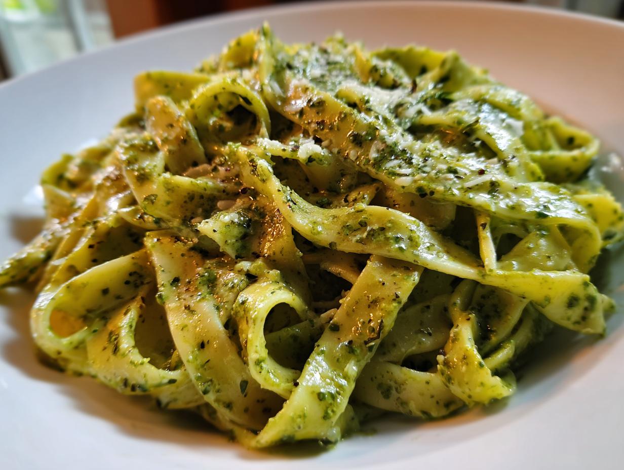 Close-up of fettuccine pasta coated in a rich, creamy pesto pasta sauce and topped with grated cheese.