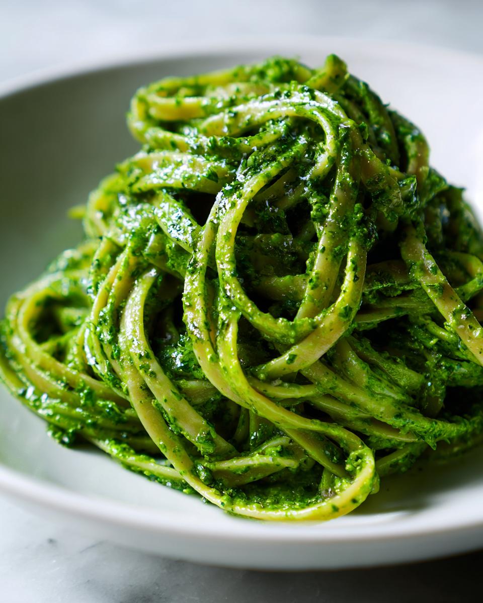 Close-up of linguine pasta thoroughly coated in vibrant green creamy pesto pasta sauce in a white bowl.