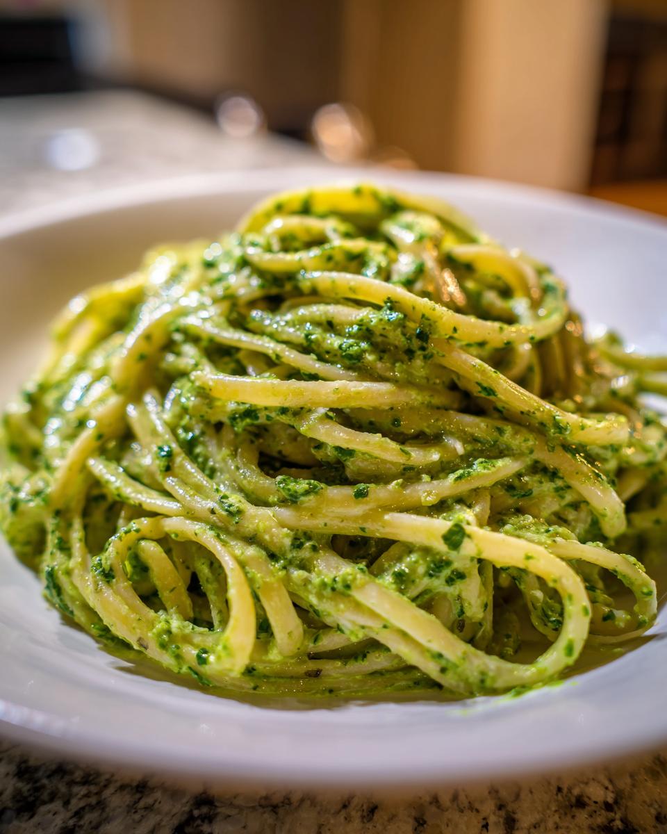 A close-up of spaghetti coated generously in a vibrant, creamy pesto pasta sauce, served in a white bowl.