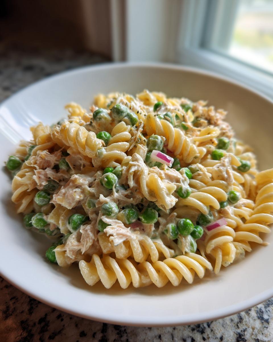 A close-up of creamy Tuna pasta salad mixed with green peas and red onion in a white bowl.