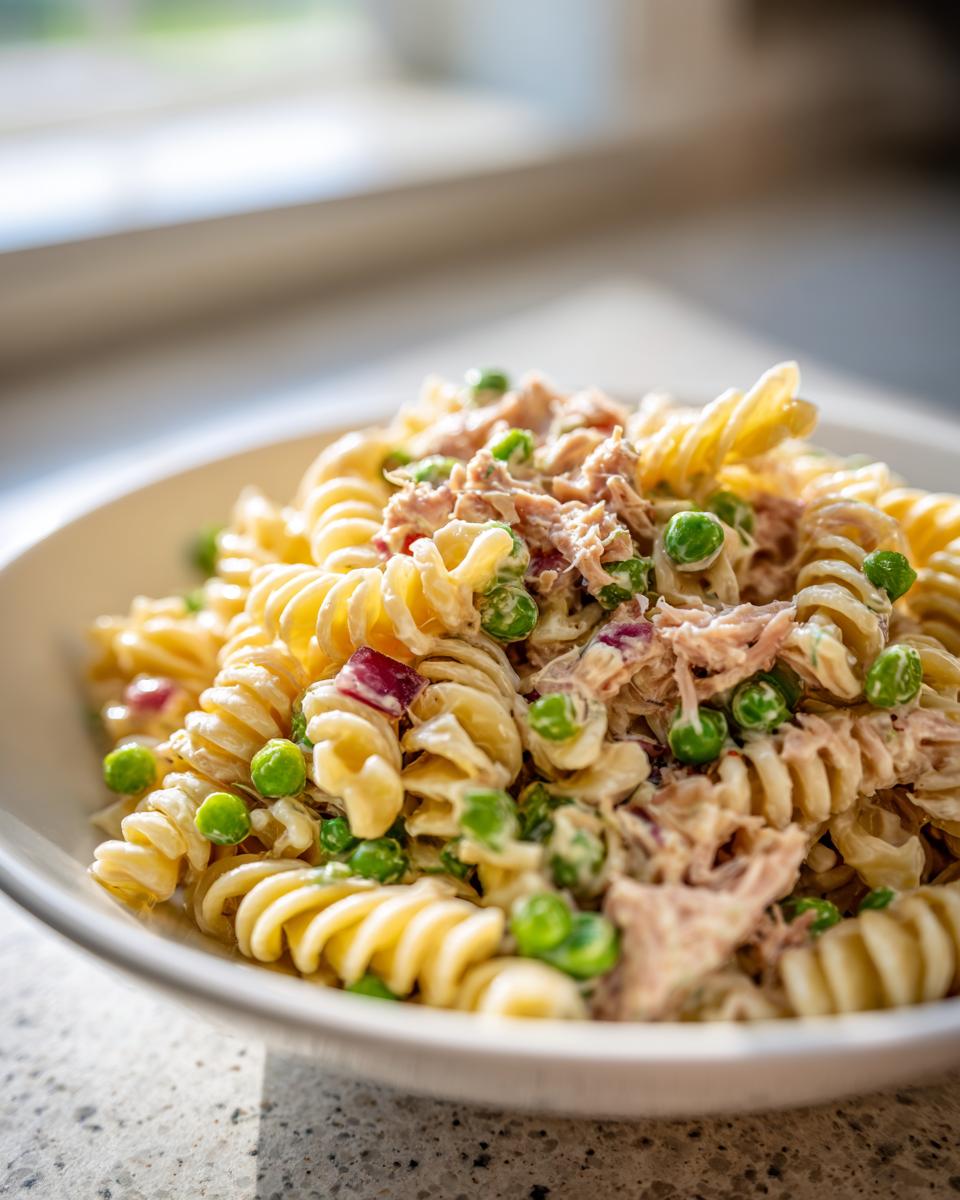 Close-up of creamy Tuna pasta salad featuring fusilli pasta, shredded tuna, bright green peas, and diced red onion.