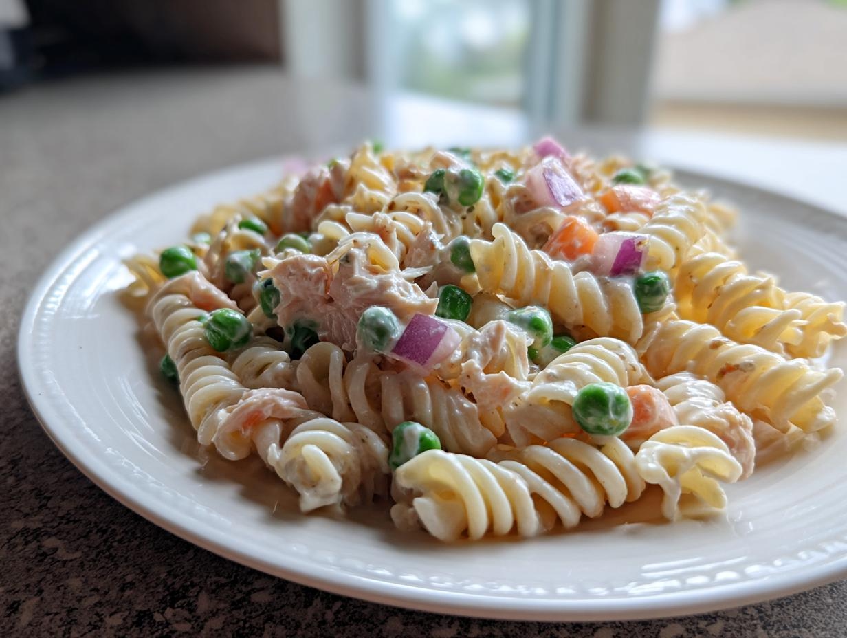 A close-up of a serving of creamy Tuna pasta salad made with fusilli pasta, green peas, and diced red onion on a white plate.
