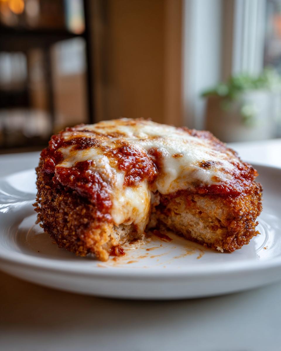 Close-up of a crispy chicken parmesan cut in half, showing melted cheese and marinara sauce.