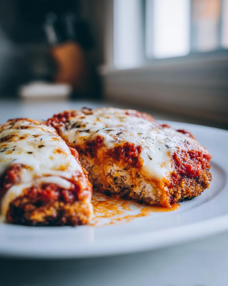 Close-up of two slices of crispy chicken parmesan recipe topped with melted mozzarella and marinara sauce.