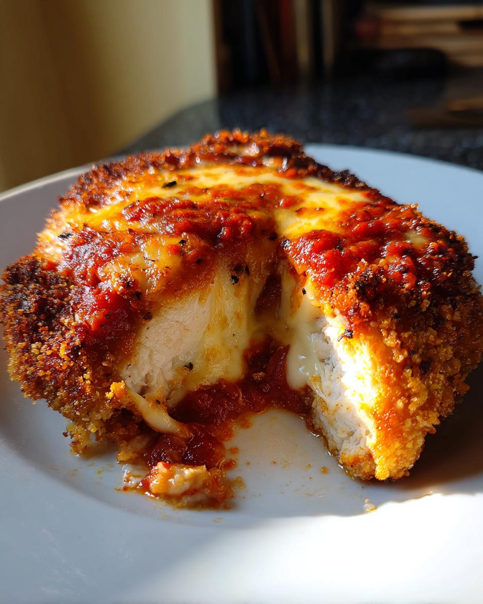 Close-up of a crispy chicken parmesan recipe piece, cut open to show melted cheese and marinara sauce.