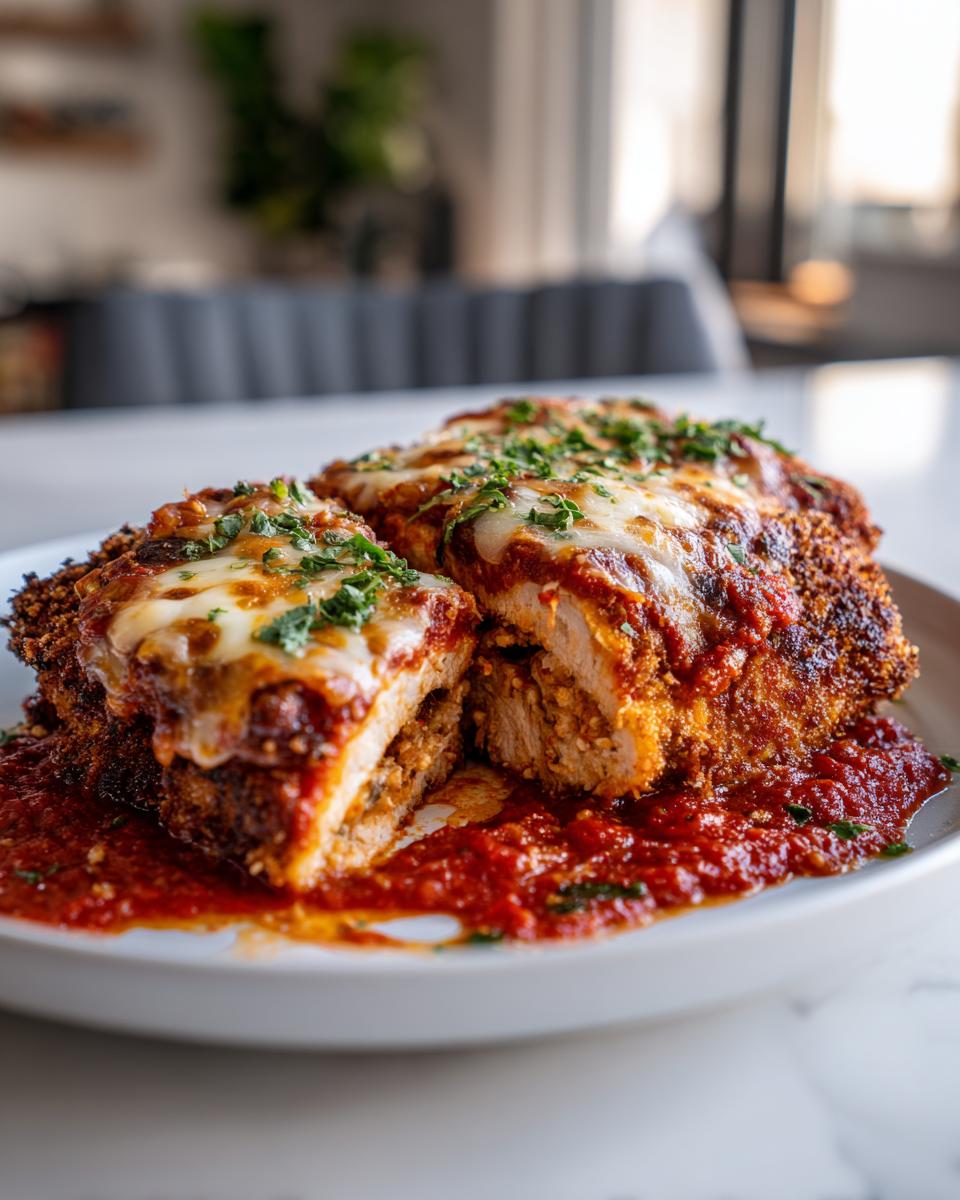 Close-up of a crispy chicken parmesan recipe cut in half, topped with melted mozzarella and marinara sauce.