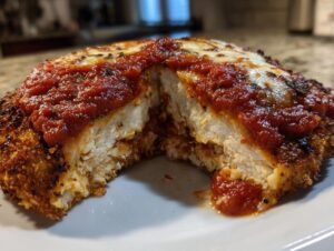 A cross-section view showing the juicy white meat inside a crispy breaded chicken parmesan recipe, topped with marinara sauce and melted cheese.