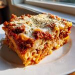 A hearty, layered slice of crockpot baked ziti topped with melted cheese and herbs, served on a white plate.