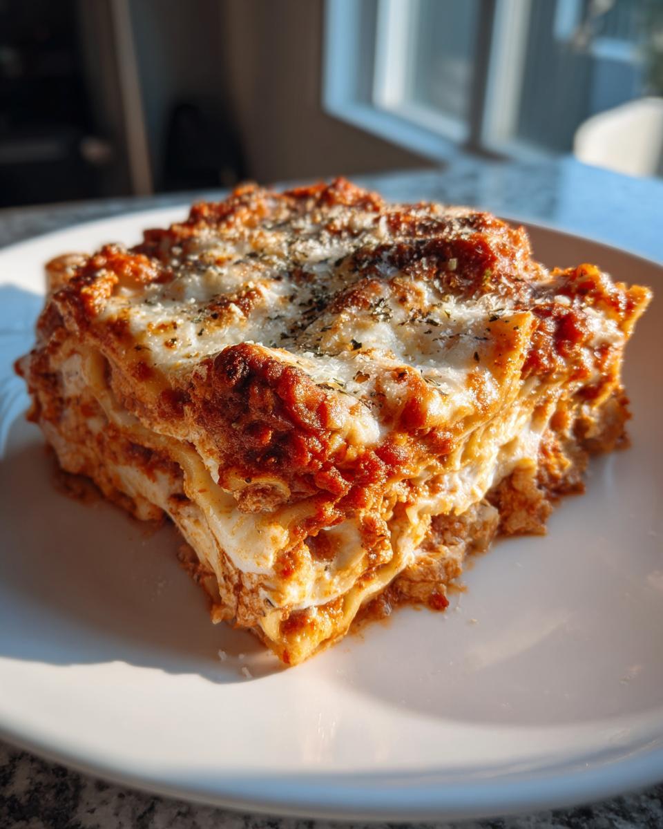 A hearty, layered slice of crockpot baked ziti topped with melted cheese and herbs, served on a white plate.
