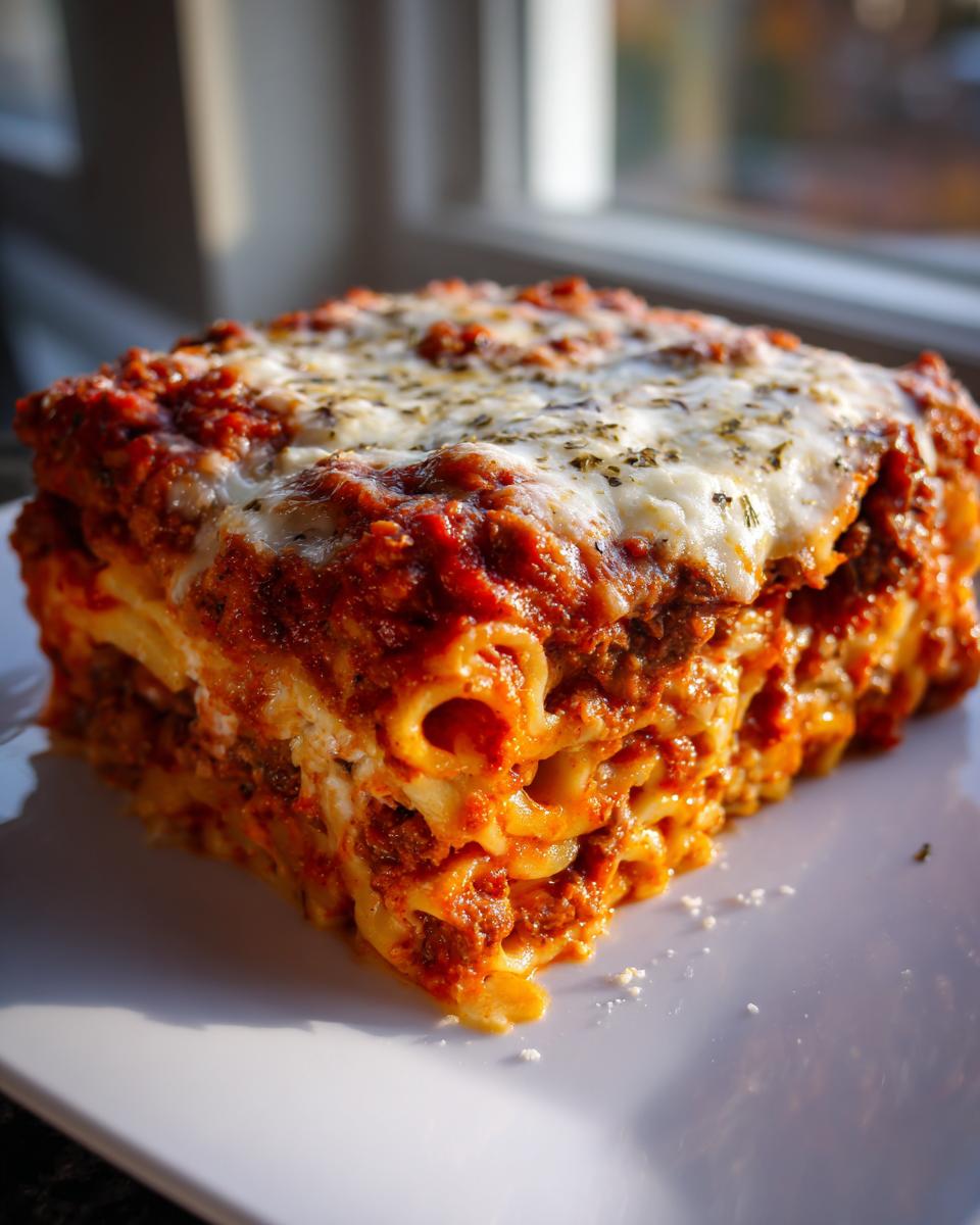 A thick, square slice of crockpot baked ziti layered with pasta, meat sauce, and topped with melted mozzarella and herbs.