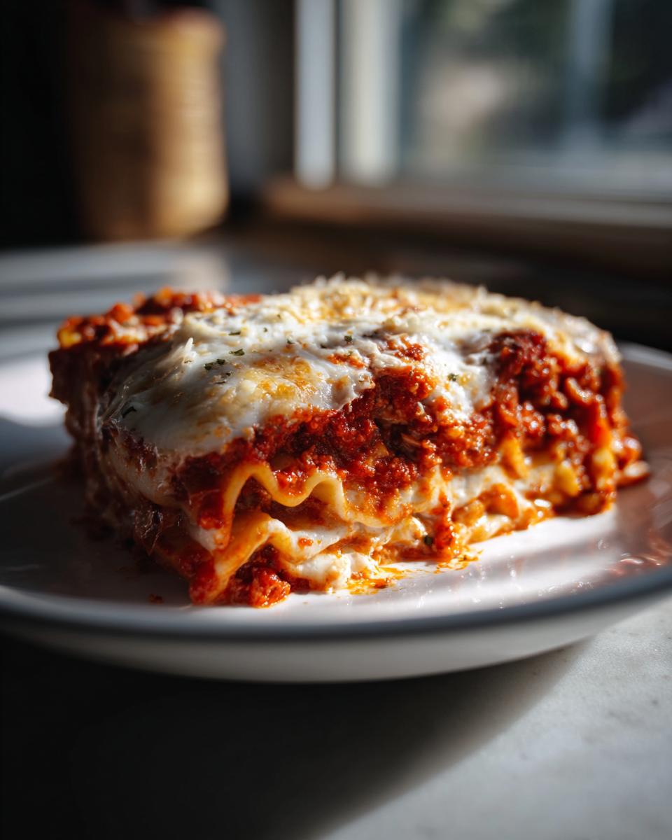 A close-up, dramatic shot of a square slice of crockpot baked ziti layered with pasta, rich meat sauce, and melted mozzarella cheese.