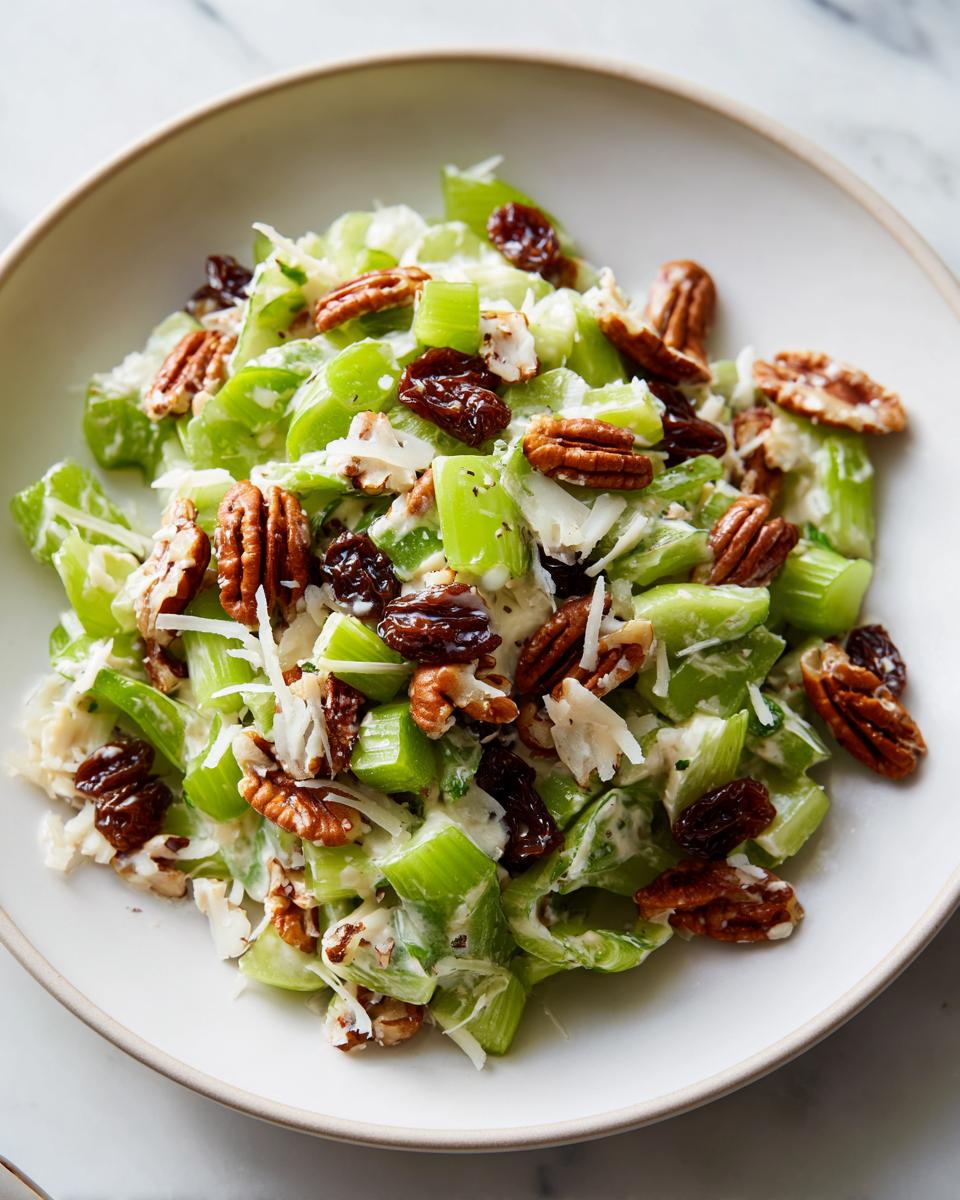 A close-up of a creamy celery salad featuring chopped celery, pecans, raisins, and shaved cheese.