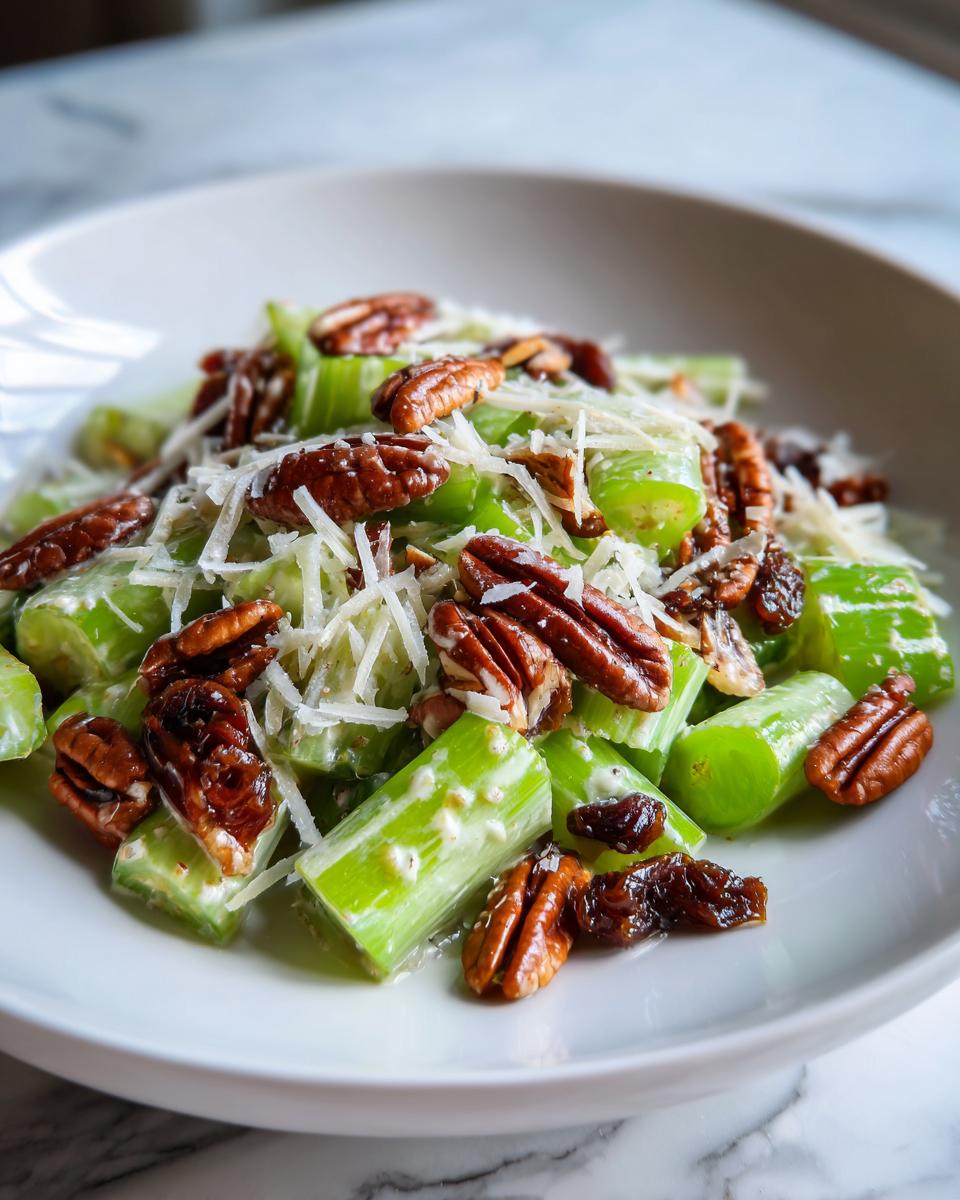 Close-up of a crunchy celery salad featuring chopped celery, pecans, raisins, and shredded Parmesan cheese.