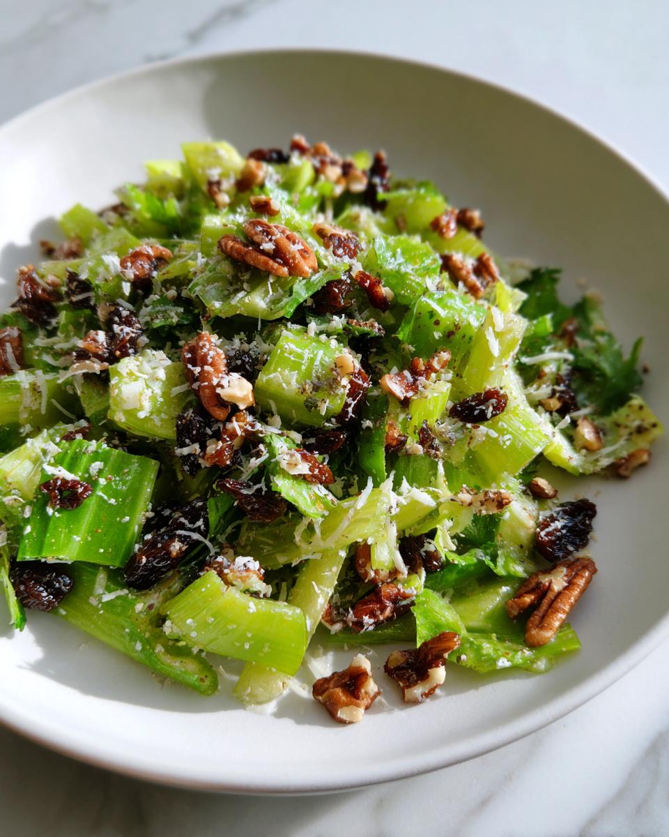 Close-up of a bright green celery salad topped with pecans, raisins, and grated cheese.