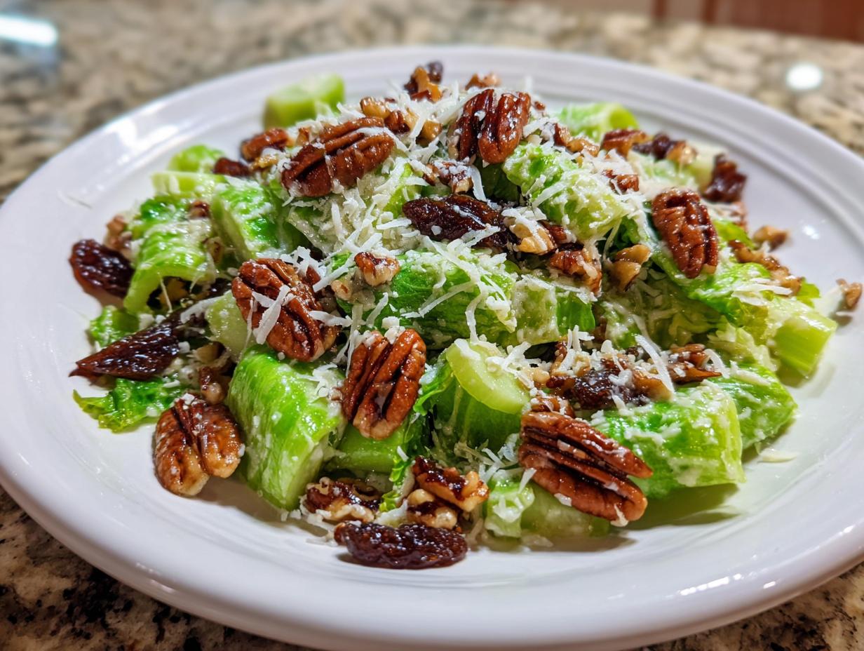 A close-up of a creamy celery salad topped generously with pecans, raisins, and grated cheese.