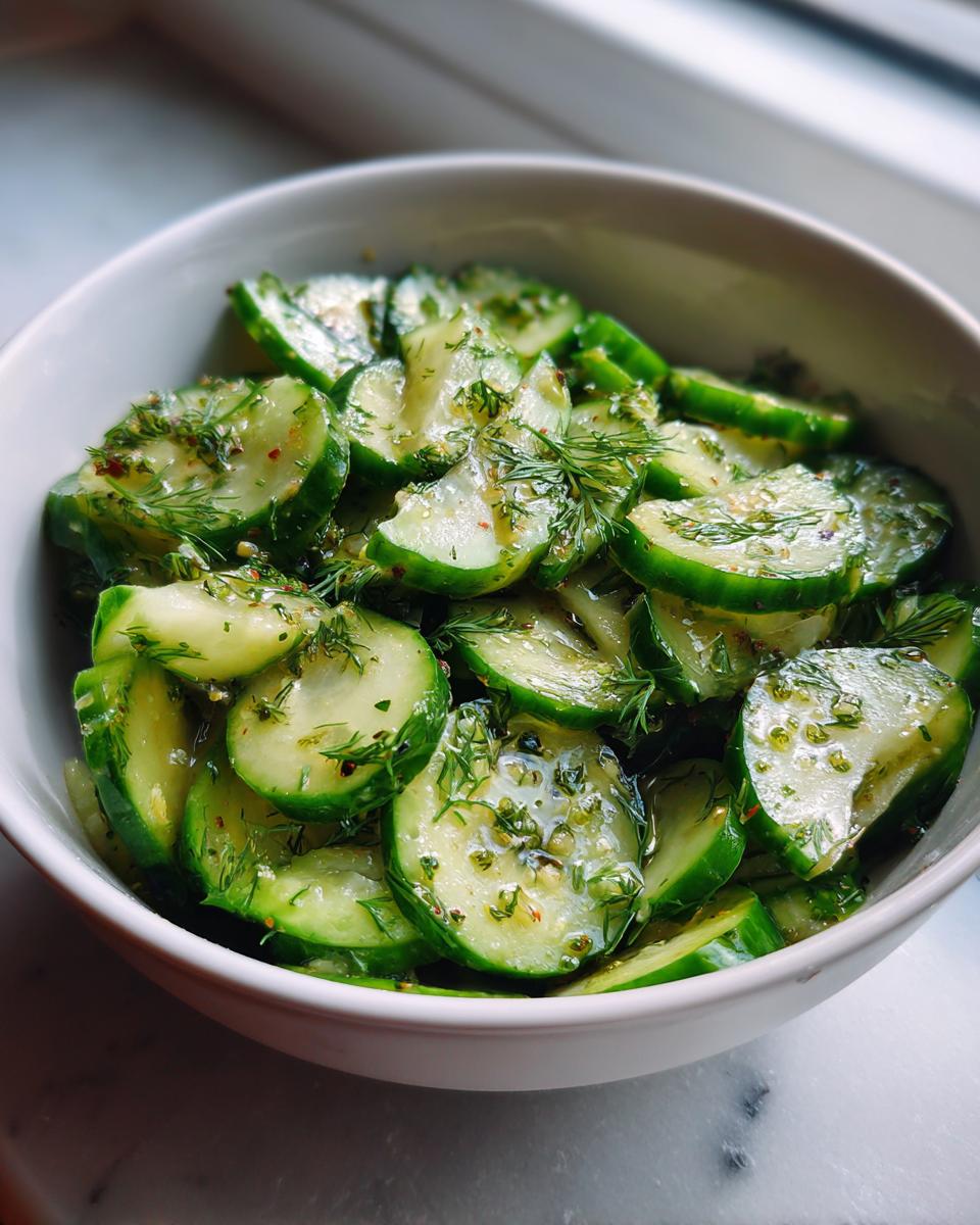 Close-up of a bright green cucumber celery salad tossed with dill and dressing in a white bowl.