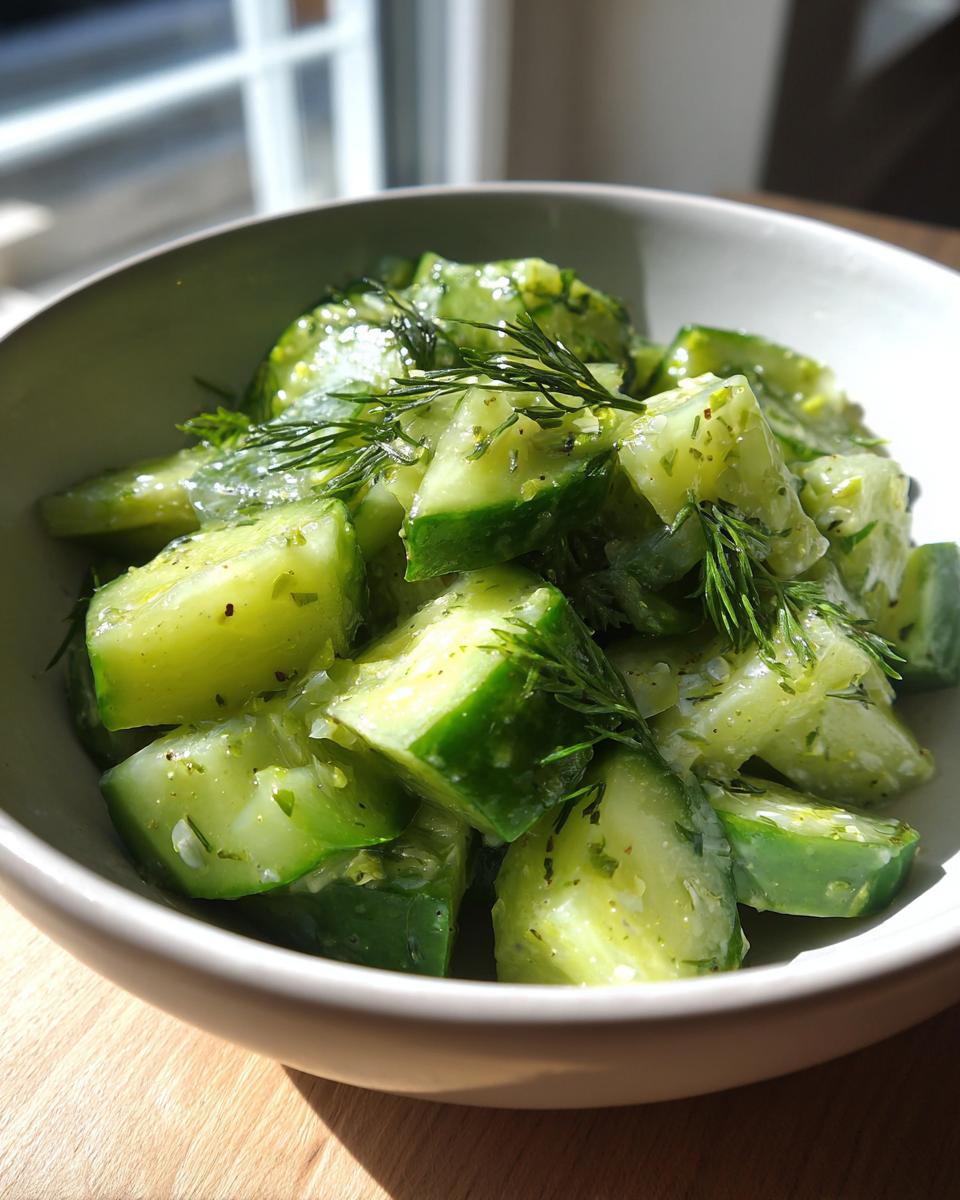 Close-up of a refreshing cucumber celery salad tossed in a light dressing and topped with fresh dill.