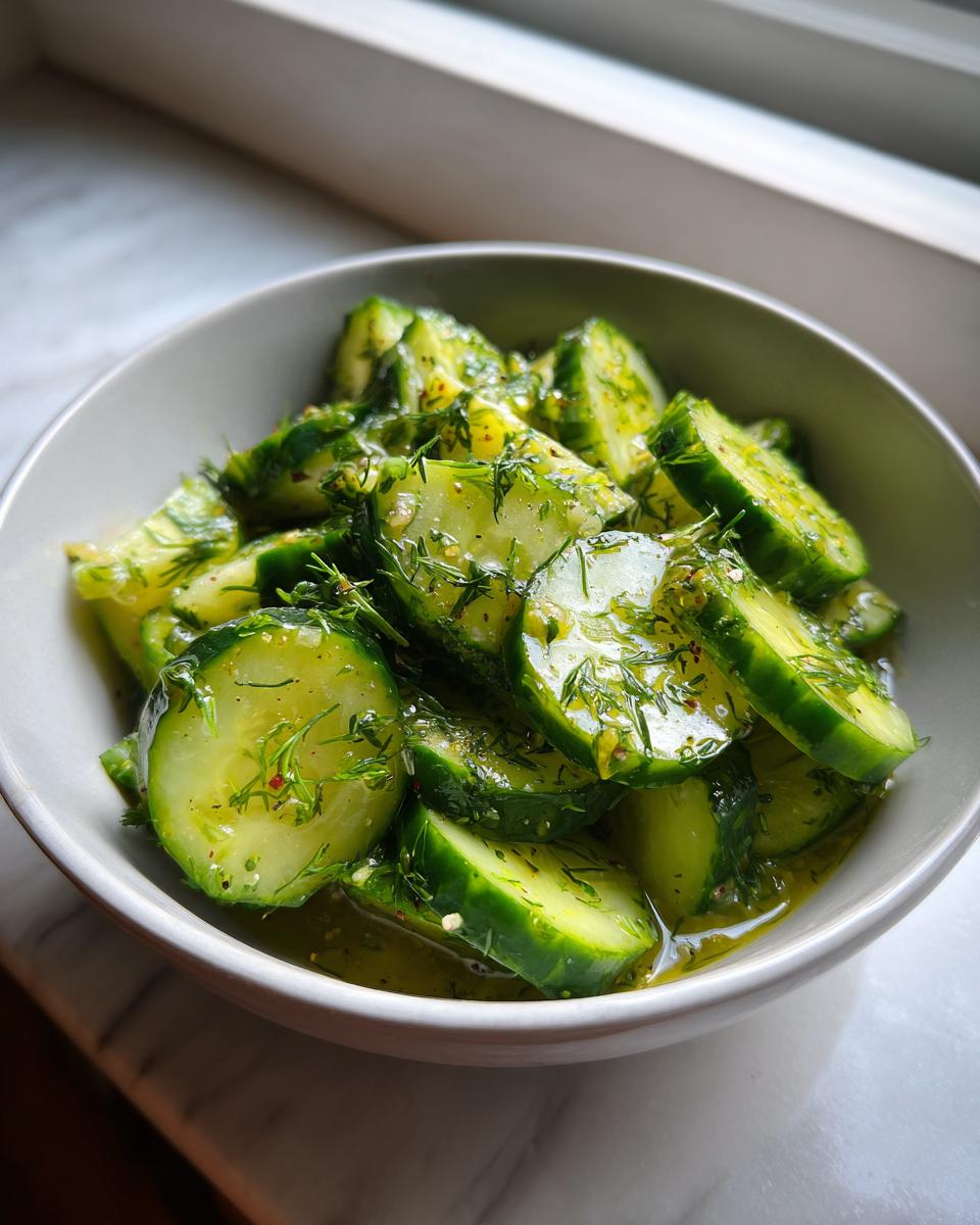 Close-up of a bowl filled with sliced cucumbers marinated in a bright dressing with fresh dill, resembling a cucumber celery salad.