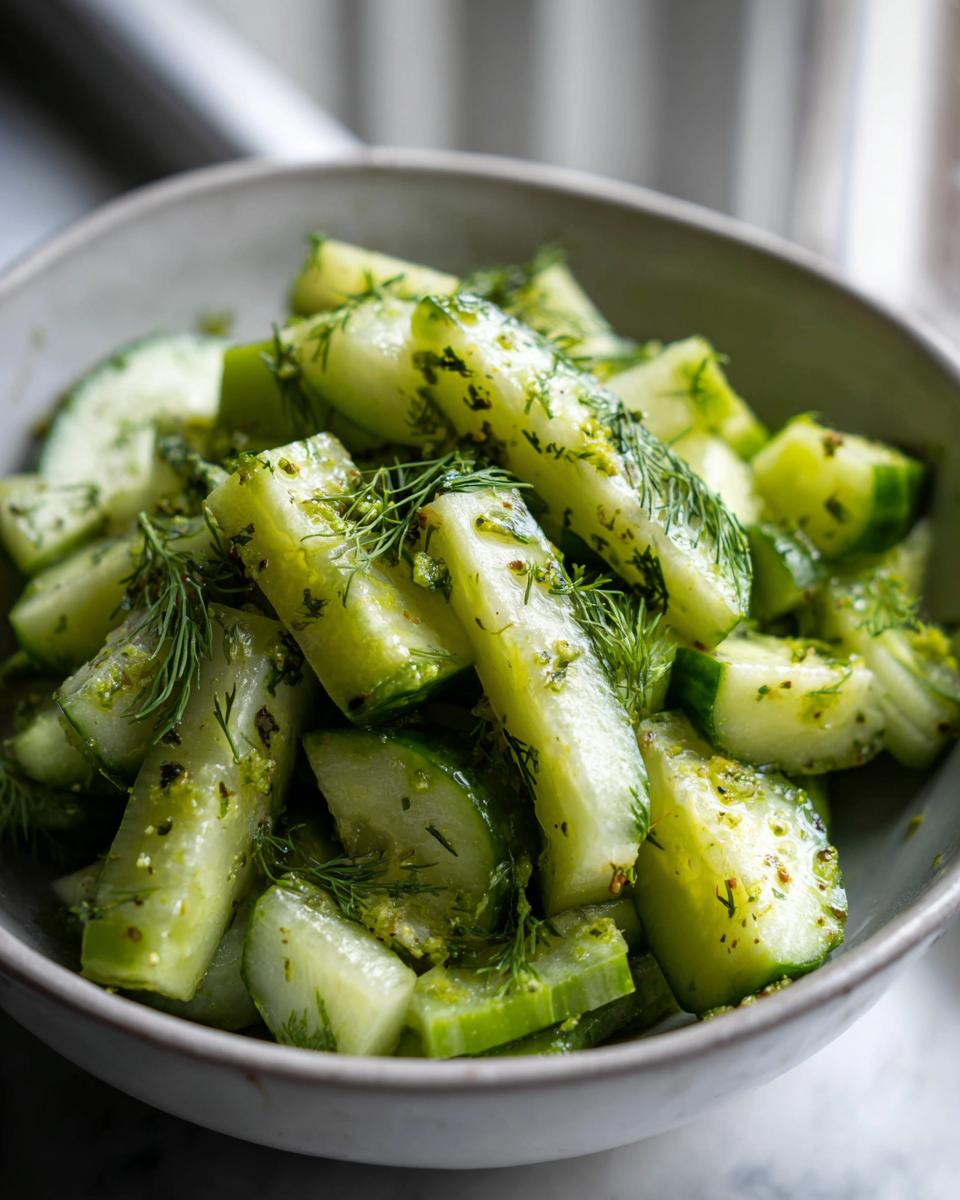 Close-up of chunky cucumber pieces tossed in a green herb dressing and fresh dill, ready to serve as a cucumber celery salad.