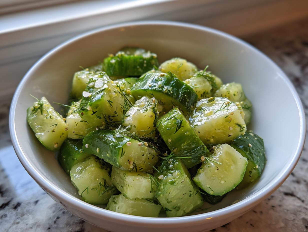 Close-up of a white bowl filled with chunks of cucumber celery salad seasoned with fresh dill and mustard seeds.