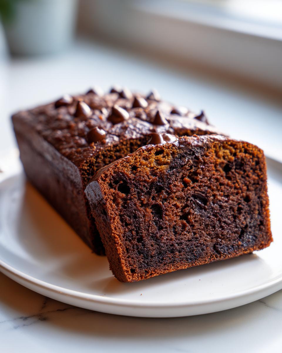 A moist slice of double chocolate banana bread, revealing rich chocolate chips inside, served on a white plate.