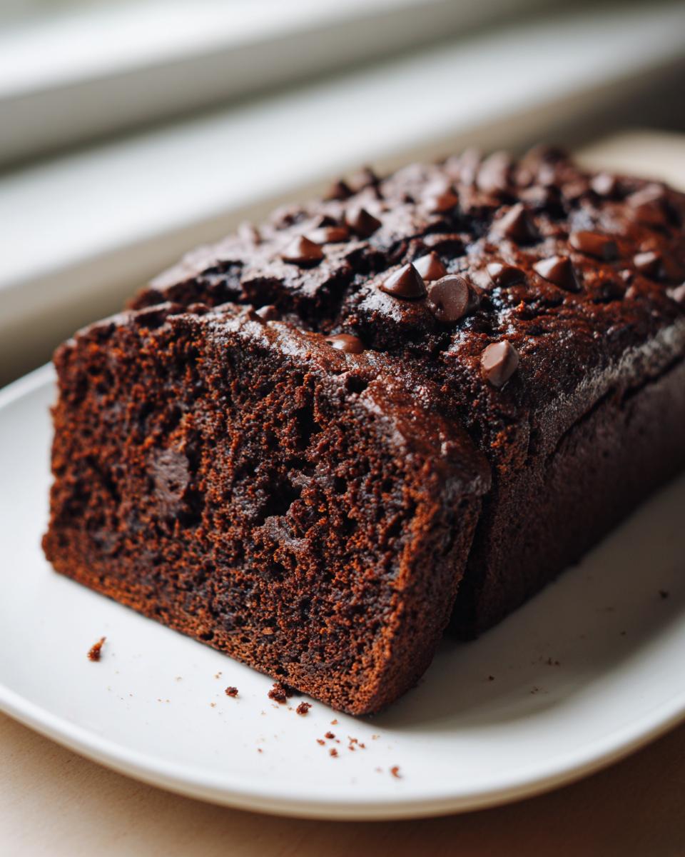Close-up of a rich, dark slice of double chocolate banana bread topped with chocolate chips.