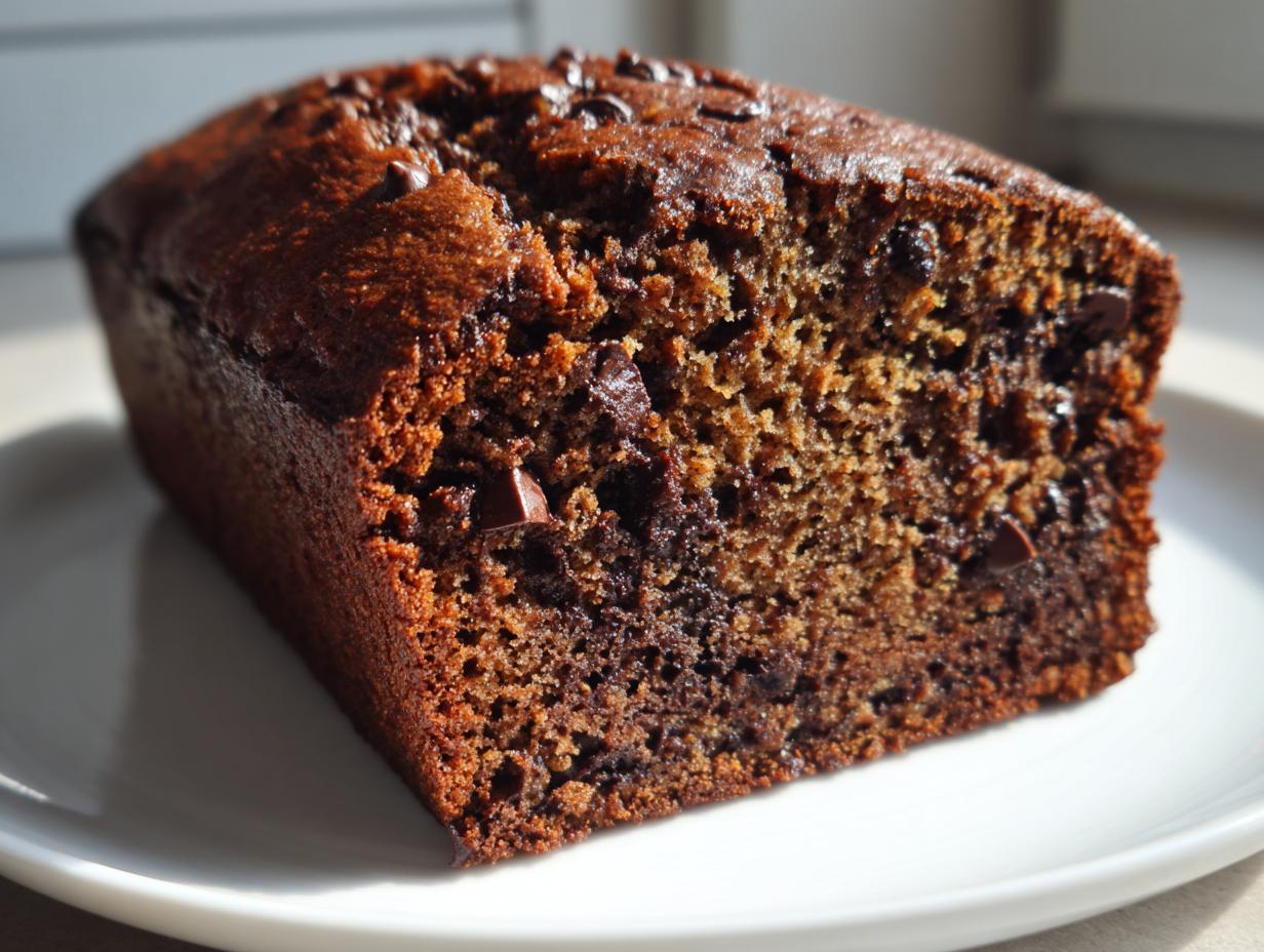 Close-up of a moist slice of double chocolate banana bread showing rich brown color and chocolate chips.