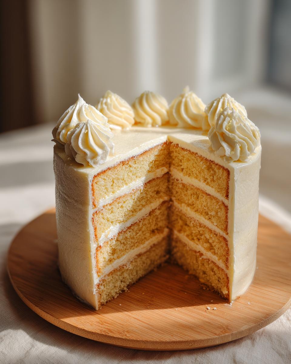 A tall, four-layer earl grey lavender cake with white frosting, showing a slice cut out on a wooden board.