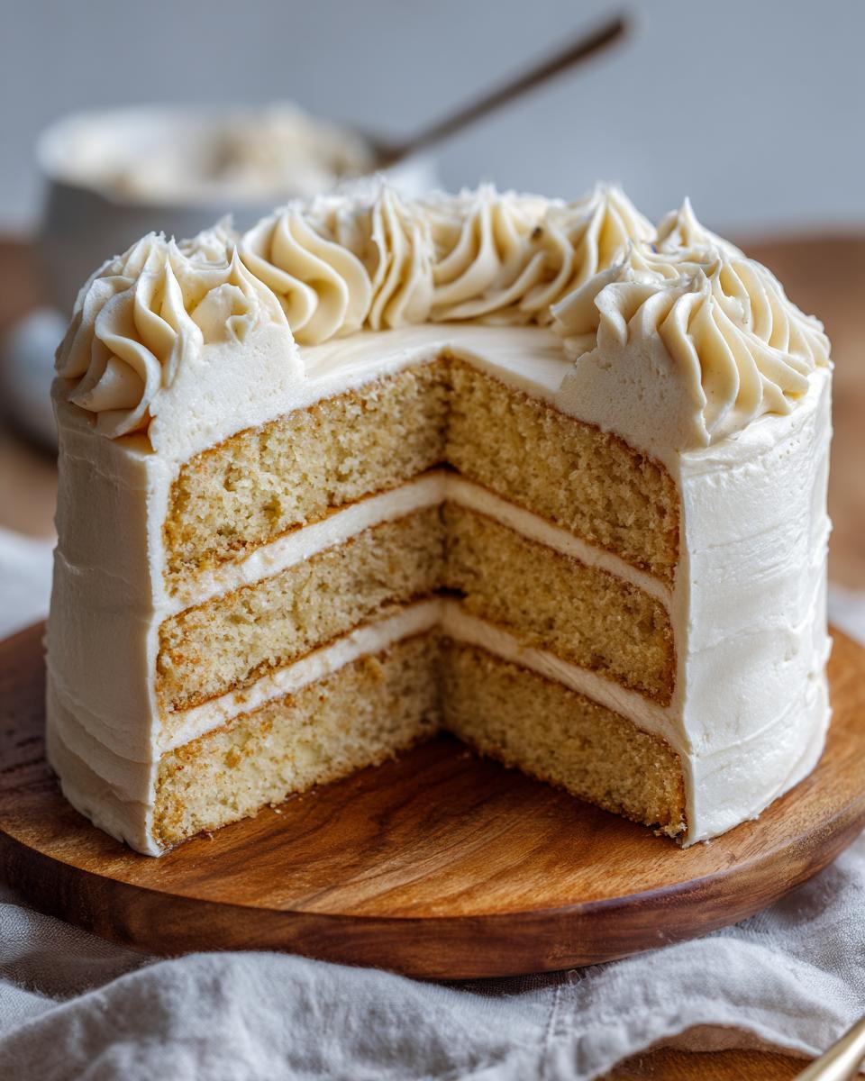 A three-layer Earl Grey Lavender Cake with a slice removed, showing the interior layers and white buttercream frosting.
