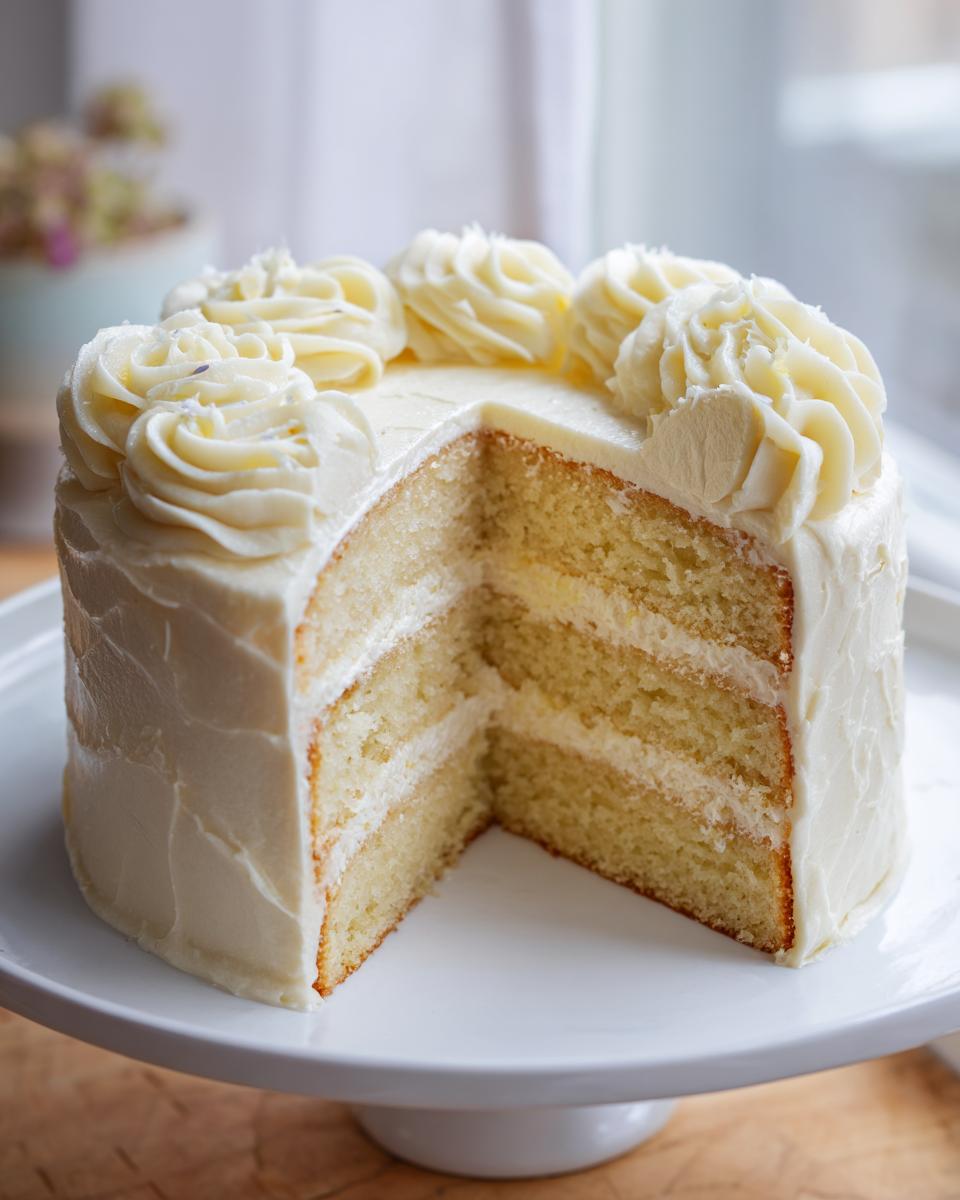 A three-layer earl grey lavender cake with white frosting, a slice removed to show the layers.