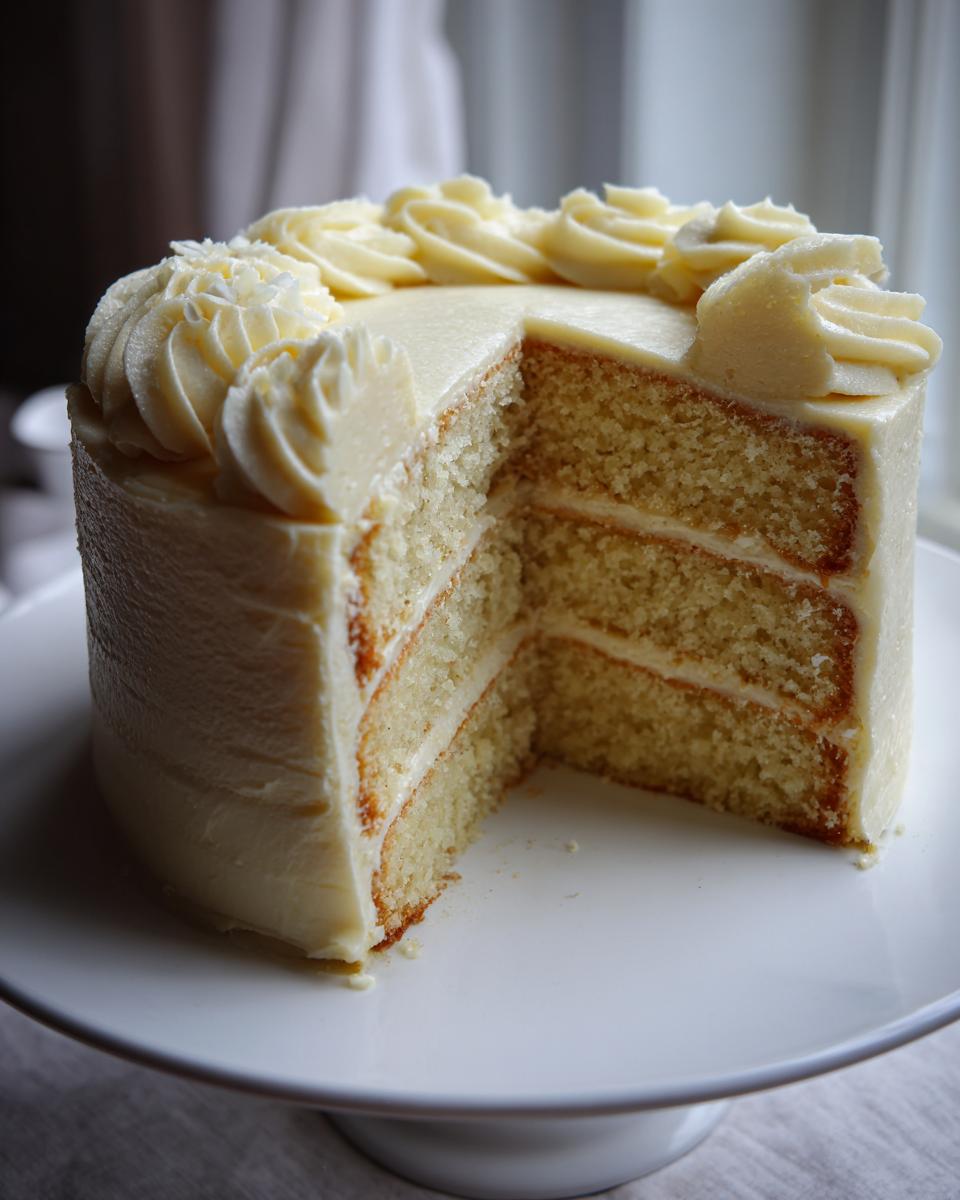 A three-layer Earl Grey Lavender Cake with white frosting, showing a slice removed to reveal the interior texture.