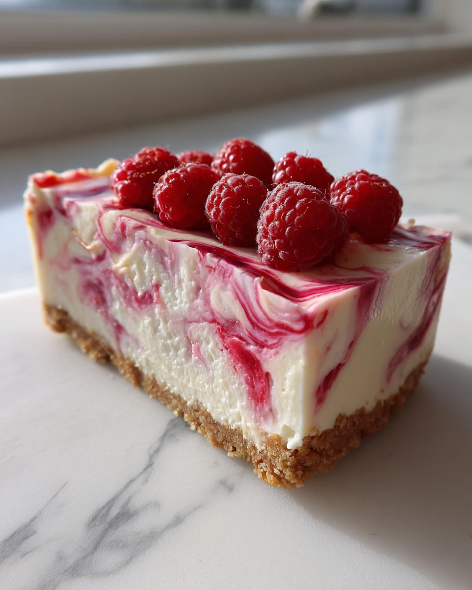 A rectangular slice of easy raspberry cheesecake with a graham cracker crust and fresh raspberries on top.