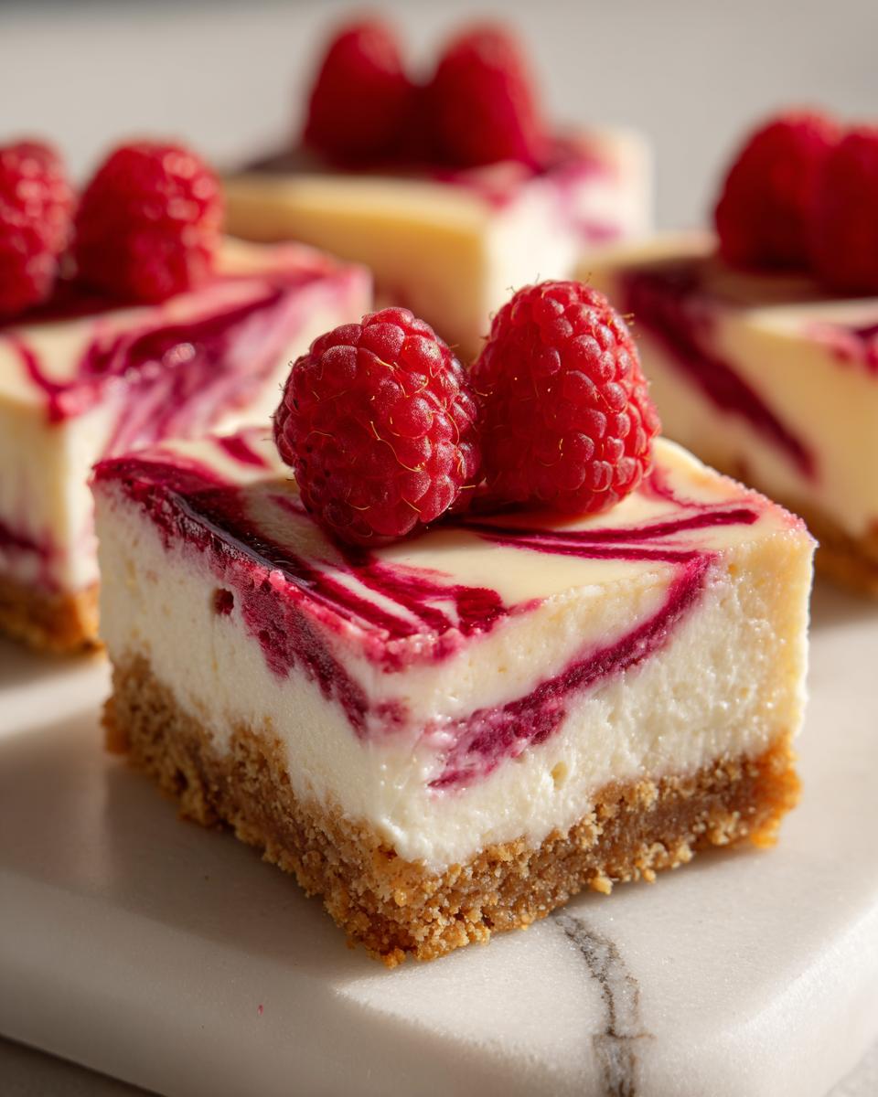 Close-up of a square slice of easy raspberry cheesecake with a graham cracker crust, topped with fresh raspberries.