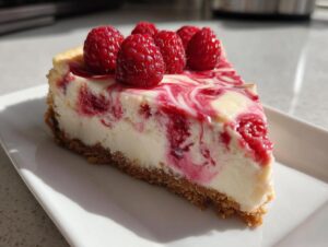 A perfect slice of easy raspberry cheesecake with a graham cracker crust, topped with fresh raspberries.