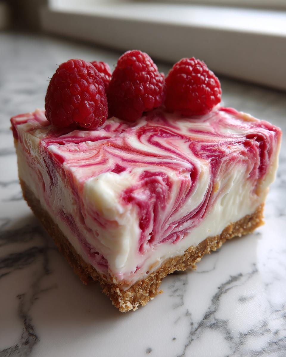 Close-up of a square slice of easy raspberry cheesecake with a graham cracker crust and fresh raspberries on top.