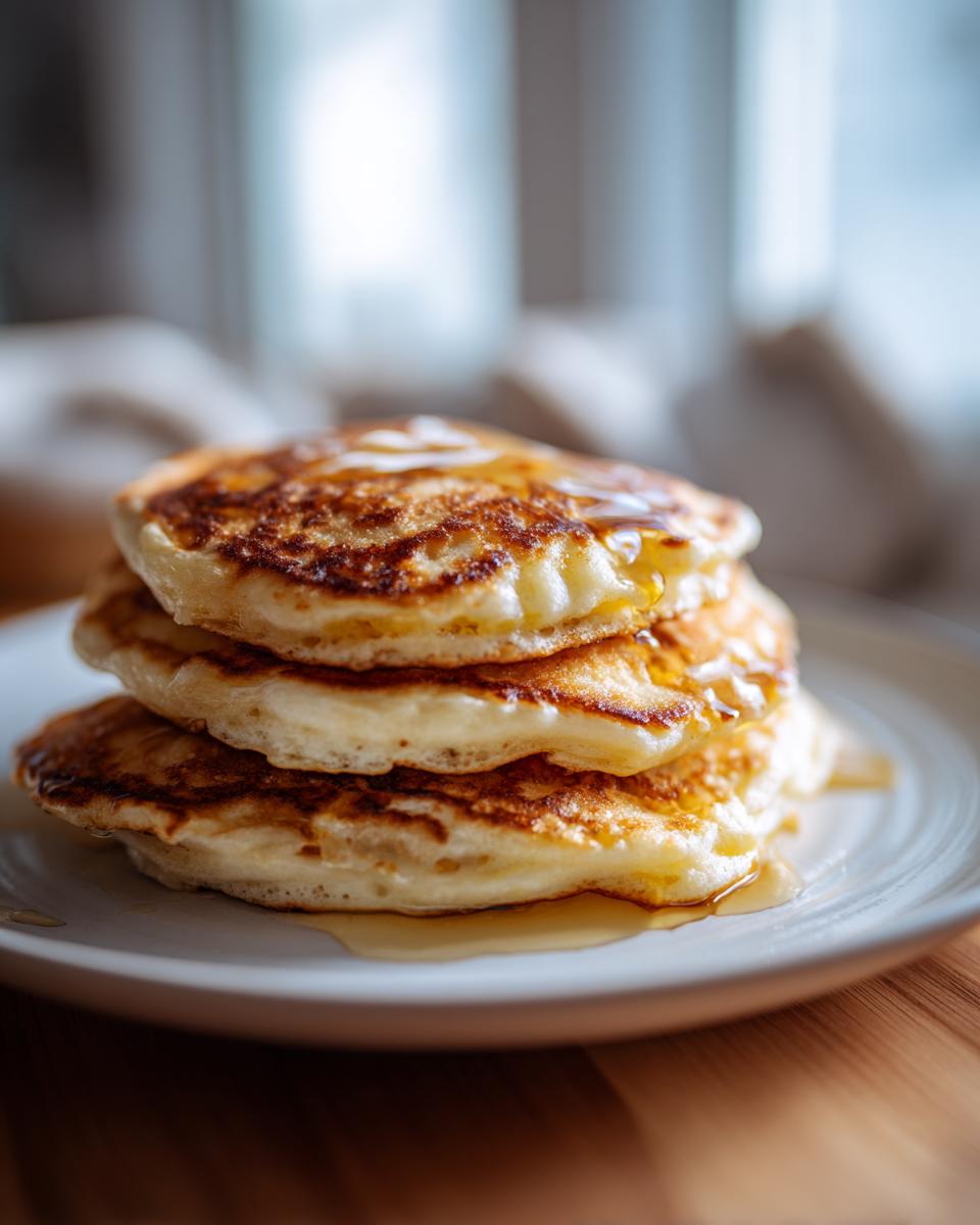 A stack of three fluffy sourdough discard pancakes no eggs drizzled generously with golden syrup.